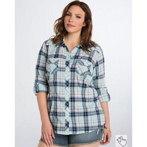 Torrid Camp Shirt Plaid Blue Roll Tab Sleeve Plus Size 2 Cotton Casual
